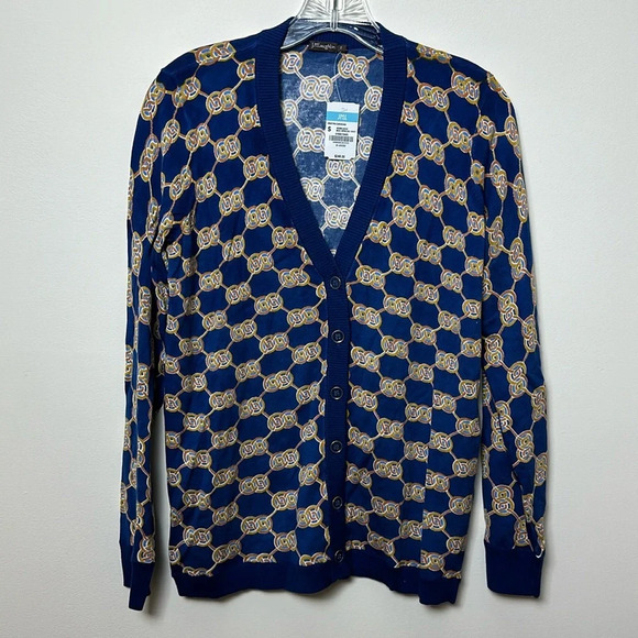 J Mclaughlin Womens Kristyn Cardigan XS Denim Gold Heraldic Knot Chain Sweater - Picture 1 of 7